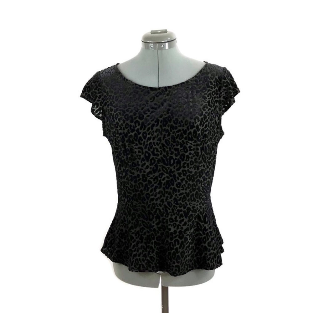 WILLOW & CLAY Black Velour Peplum Animal Print Top Size L